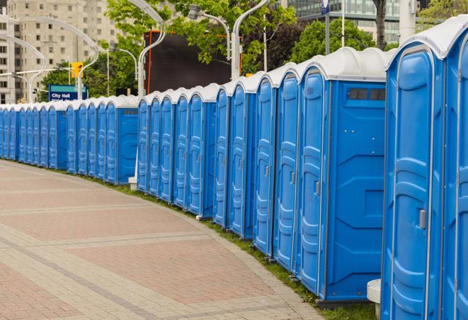 colorful portable restrooms available for rent at a local fair or carnival in Cayuga